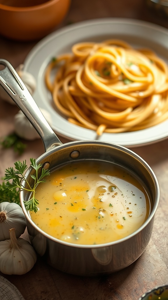 Glossy garlic white wine sauce in a saucepan with fresh garlic and parsley, alongside pasta.